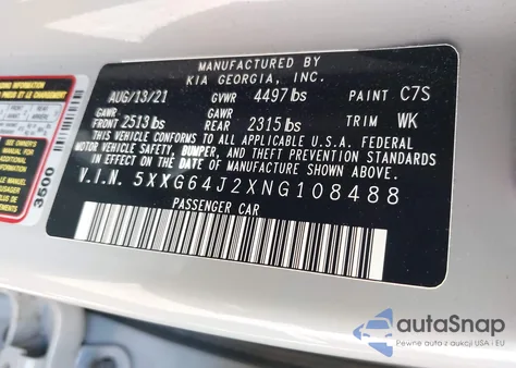 2022 Kia K5 Gt-Line z USA, uszkodzony, nr VIN 5XXG64J2XNG108488